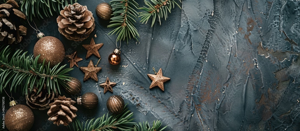 Fototapete a gray table from above holding old wooden christmas ornaments and pine branches, with room for text