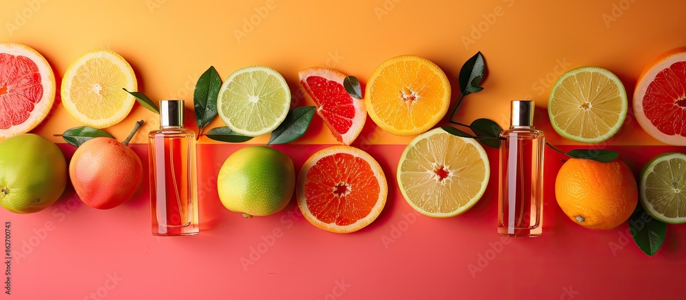 Fototapete fruit perfume bottles displayed on a colorful background with copy space image.