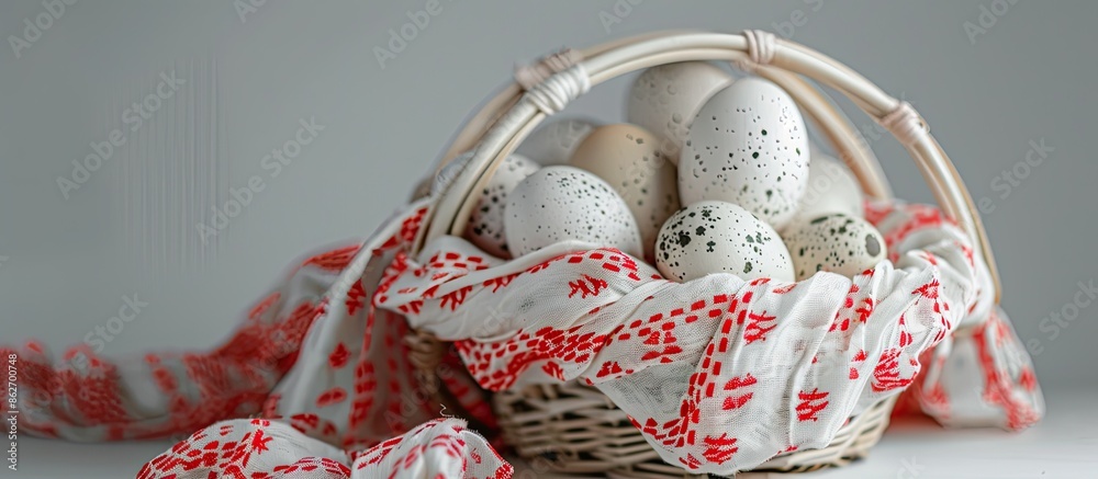 Poster Basket filled with eggs adorned by red and white fabric on a white background creating a visually appealing composition with copy space image.