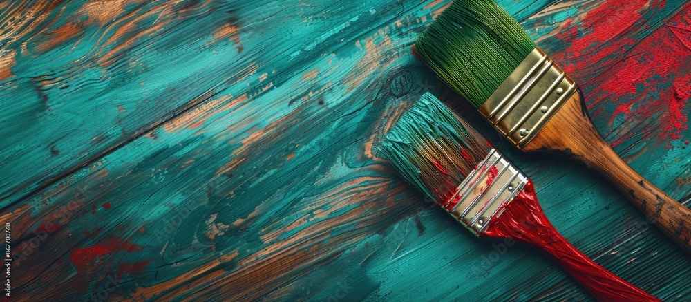 Poster close-up flat lay of red and green paint brushes on a wooden surface, conveying a design concept wit