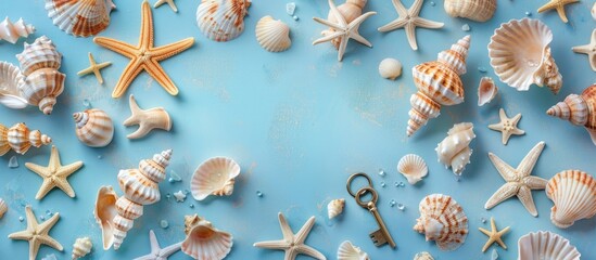 Summer-themed arrangement showcasing a key amidst various shells and starfish on a blue background. Perfect for vacation-themed Instagram posts, featuring a top-down view and ample copy space image.