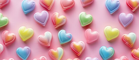 Top view of a sweet pastel rainbow candy heart pattern perfect for Valentine's Day and Easter decor with a copyspace image.