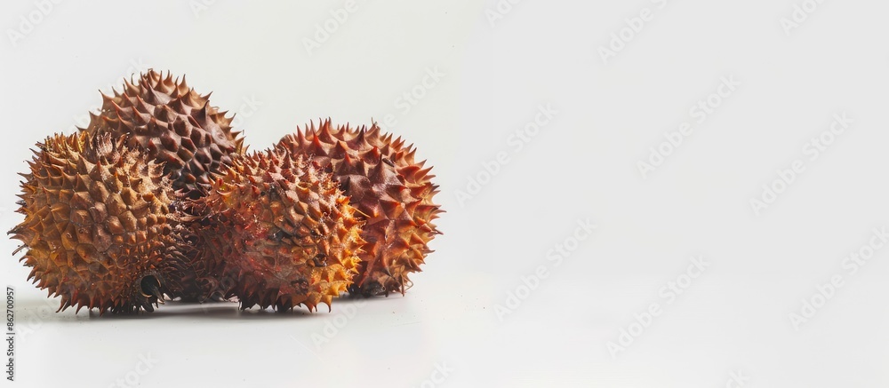 Poster salak fruit showcased on a white backdrop with numerous thorns on its skin, creating a striking copy