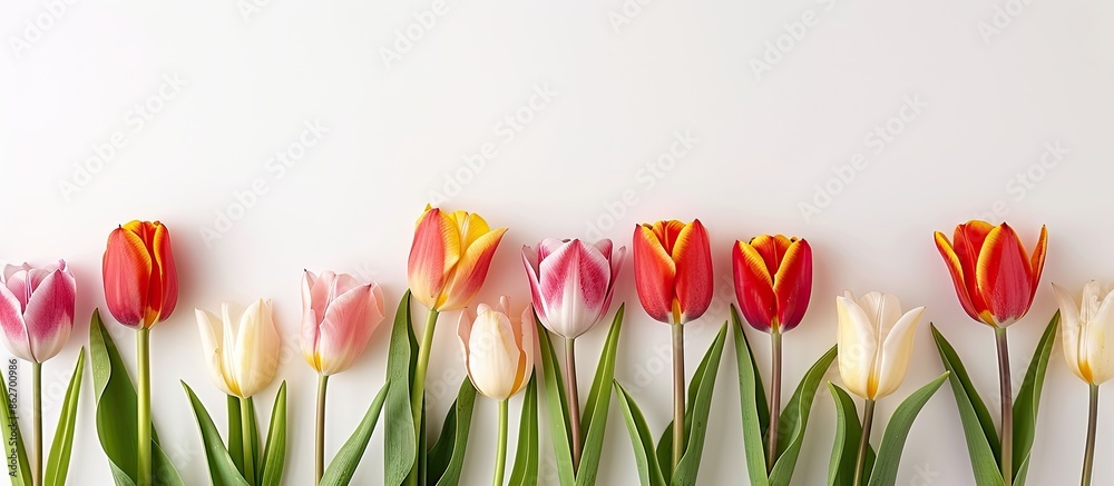 Poster spring-themed greeting card with a beautiful arrangement of tulips framing the copy space image for 