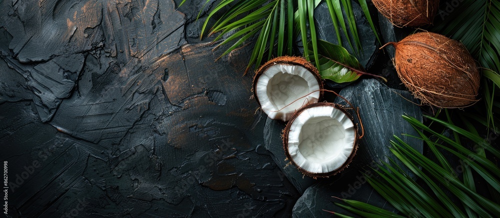 Aufkleber Tropical coconut displayed on a dark stone surface with palm leaves, creating a refreshing and tropical atmosphere in a top-down view with room for your message in the copy space image.