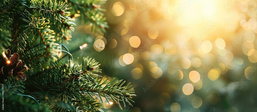 Poster Festive fir branches blurred in the background with space for text or images. Copy space image. Place for adding text and design