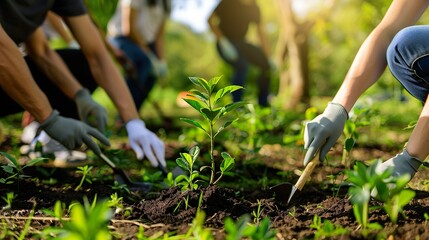 Volunteers Planting Young Trees Green Environment Hands in Gloves Community Gardening Outdoors