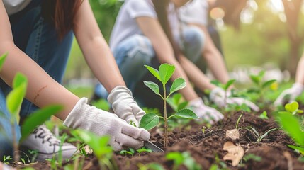 Fototapeta premium Group Planting Trees Hands in Gloves Green Environment Conservation Community Gardening Effort