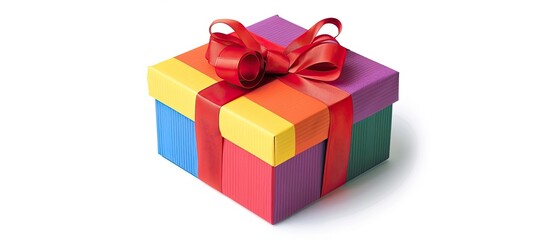 A gift box in colored wrapping with a ribbon on a blank background providing copy space image.