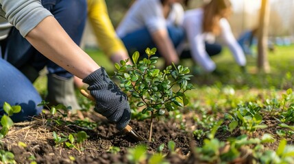 Fototapeta premium Volunteers Planting Trees Green Environment Hands in Gloves Outdoor Gardening Conservation Effort