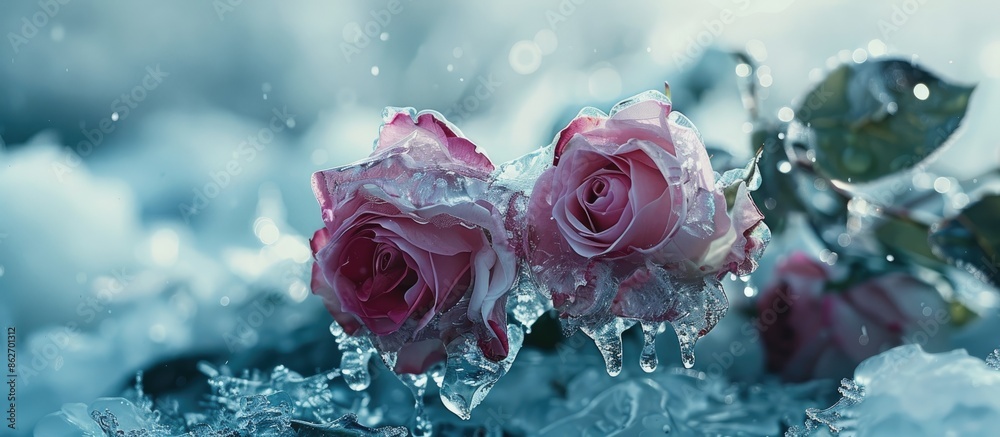 Wall mural Roses trapped beneath the ice, creating a charming winter scene with a copy space image.