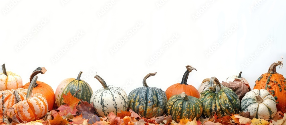 Aufkleber various pumpkins displayed on a bed of fallen leaves, set against a white backdrop with copy space i