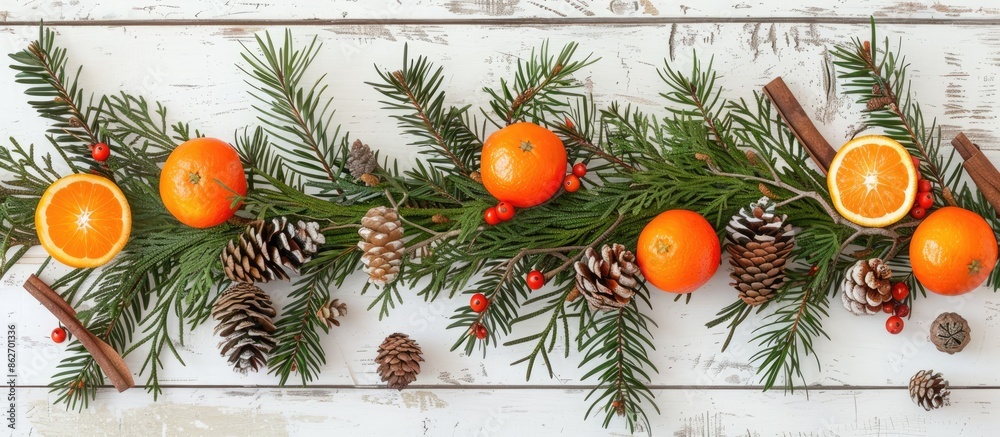 Poster top view of a festive christmas arrangement with fir branches, tangerines, and cones displayed on a 