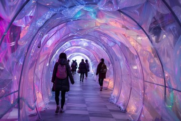 people visitors exploring an immersive art installation tunnel with metallic translucent ephemeral dreamy vibe exhibition at modern museum space