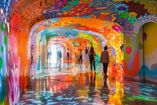 awe and wonder of visitors exploring an immersive art installation, with vibrant colors and intricate designs filling the space around them