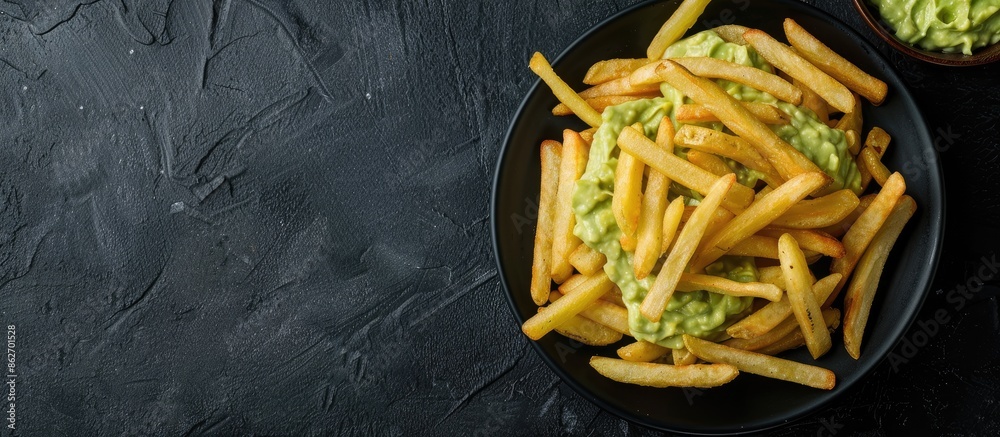 Poster Top-down view of a plate with French fries and avocado dip on a black table with room for text in the image. Copy space image. Place for adding text and design