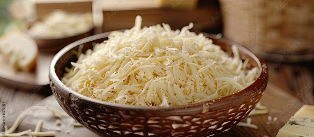 Poster a digital combination showcasing a text for national cheese day, with shredded cheese in a bowl on a