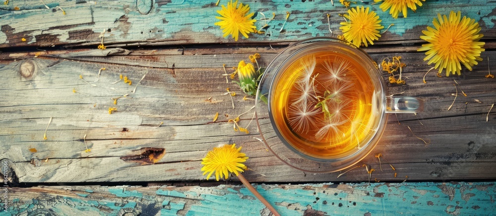 Poster photo of a healthy dandelion tea on a wooden surface with ample copy space image.