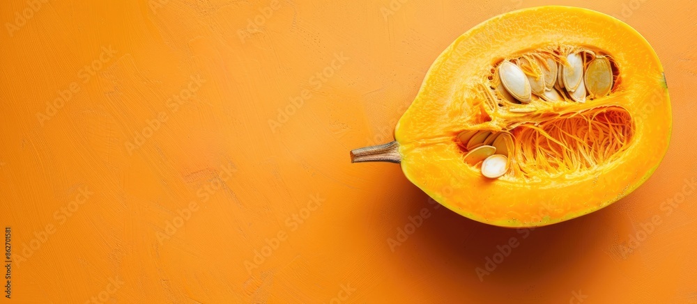 Aufkleber Fresh ripe pumpkin cut on a bright background with space for text alongside a picture. Copy space image. Place for adding text and design