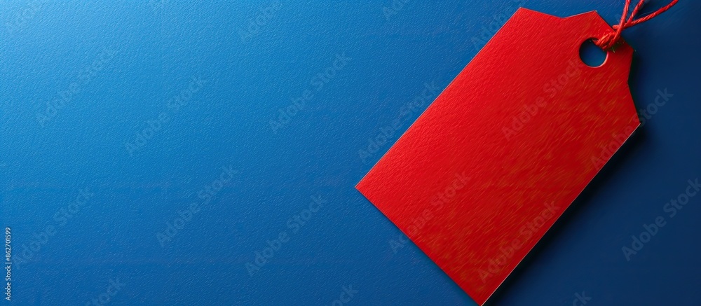 Fototapete top view of a red tag against a blue backdrop, emphasizing a black friday concept with a copy space 