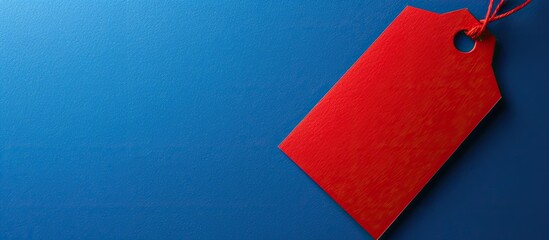 Top view of a red tag against a blue backdrop, emphasizing a Black Friday concept with a copy space image.
