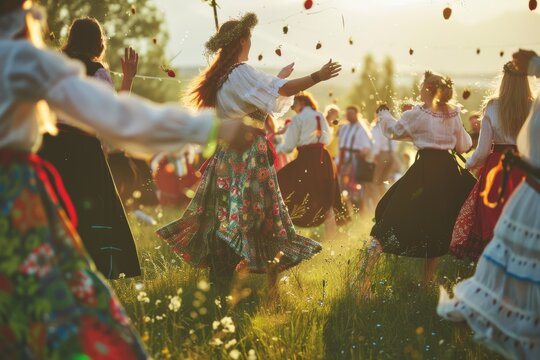 Midsummer festival in Sweden featuring people dancing around the maypole, wearing traditional folk costumes, and enjoying festive Swedish delicacies like herring and strawberries