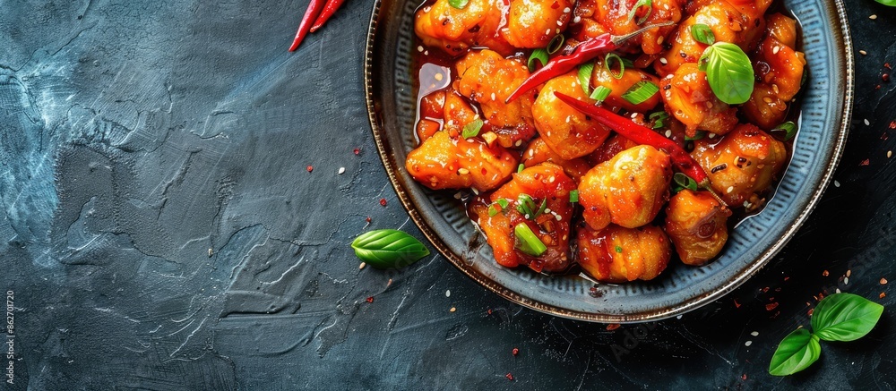 Poster delicious sweet and sour chicken served in a bowl with spices on a dark backdrop featuring copy spac