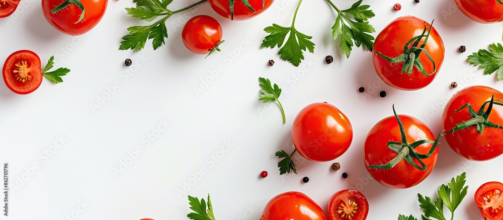 Poster top view of tomatoes garnished with parsley leaves on a white background, providing copy space in th