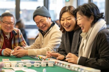 diverse asian people playing Mahjong board game