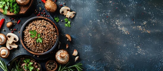Traditional Russian dish of boiled buckwheat with mushrooms, a healthy meal option with a blank space for an image, showcased from above. Copy space image. Place for adding text and design