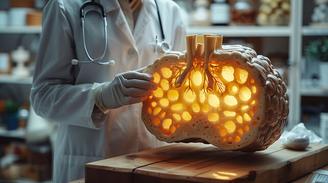 Doctor in a white coat and gloves holding a glowing wooden ileum model with Peyer's patches and microvilli presenting it to the viewer