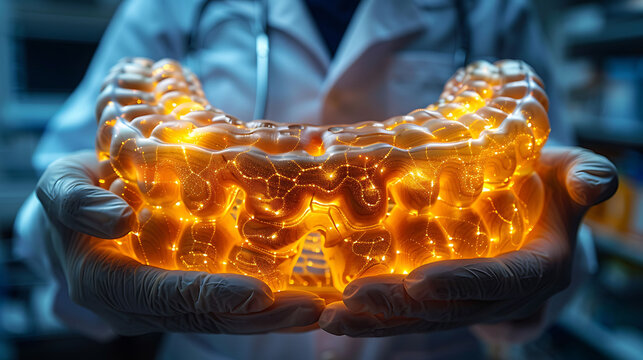 Doctor in a white coat and gloves holding a glowing wooden ileum model with Peyer's patches and microvilli presenting it to the viewer