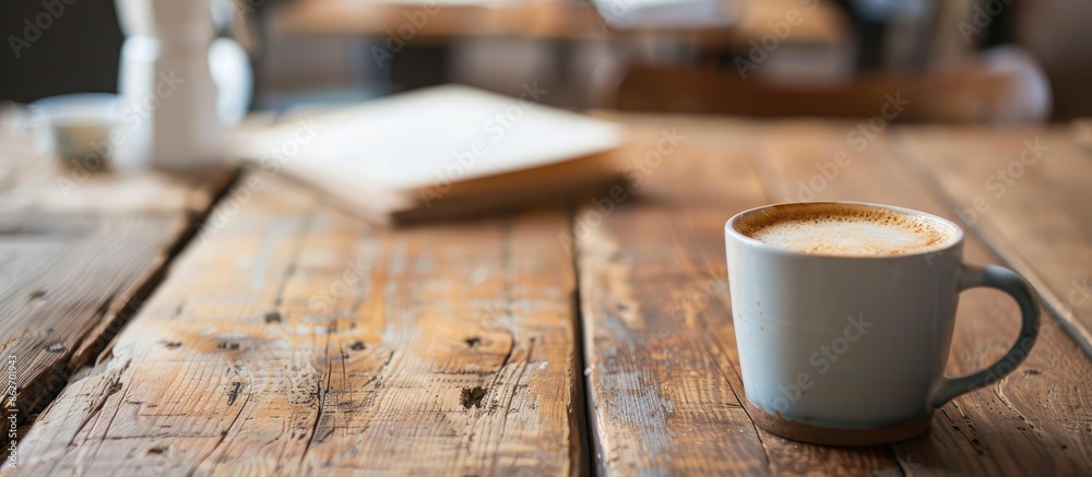 Poster a small cup of coffee sits on the table next to a copy space image.