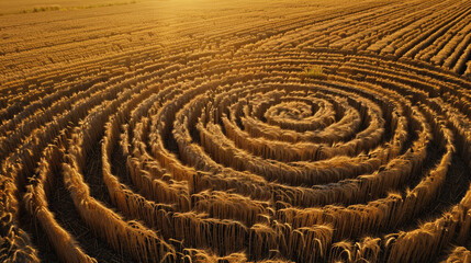 Naklejka premium Aerial view of an intricate geometric crop circle formation in a wheat field