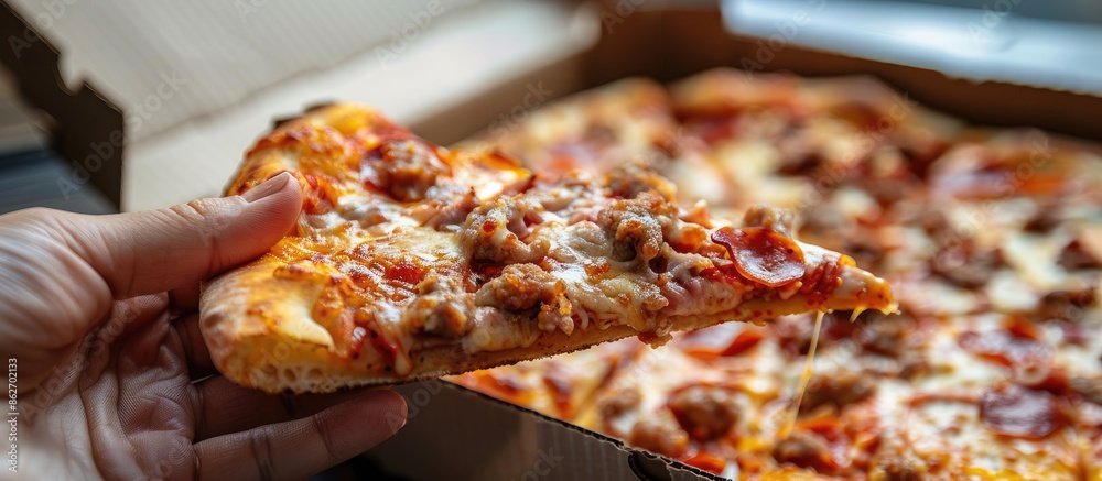 Poster Close-up shot of a hand holding a slice of meat pizza in a box with copy space image included.