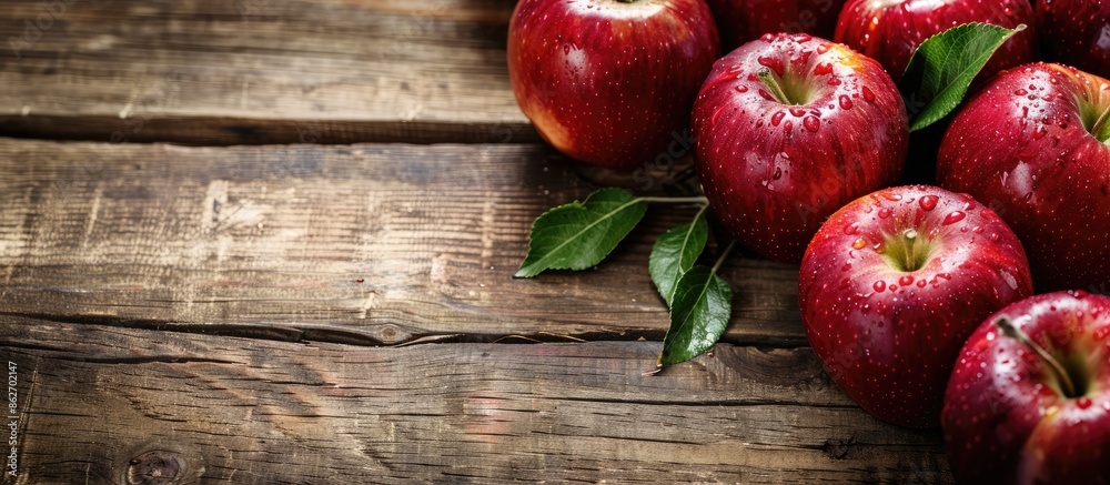 Poster red ripe apples displayed on a vintage wooden table with copy space image.