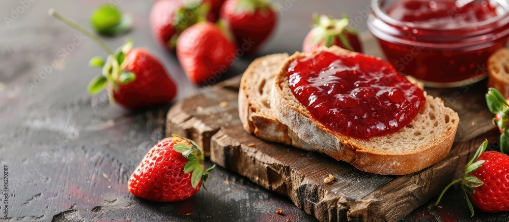 Poster Bread with strawberry jam on vibrant table with copy space image.