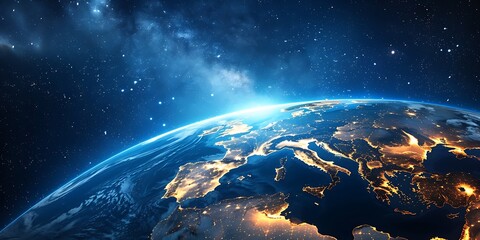 Naklejka premium Illuminated Europe, Realistic View of Earth from Space with Glowing City Lights