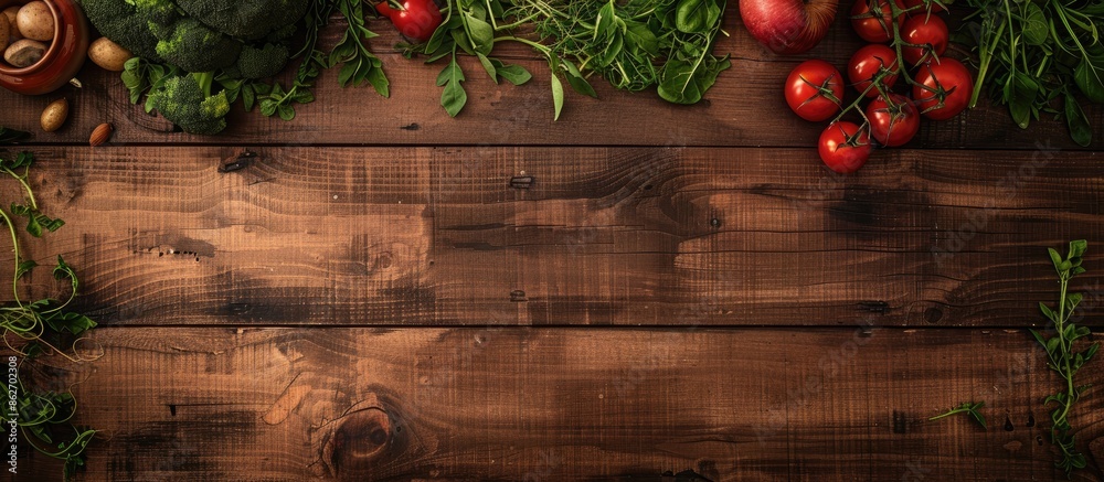 Poster fresh organic vegetables displayed on a wooden table with copy space image in the center, illustrati