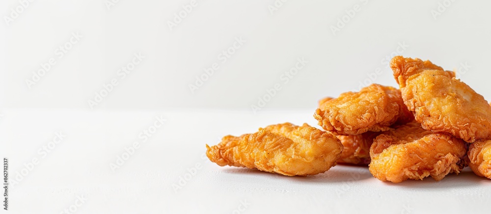 Fototapete Side view picture of a chicken nugget against a white backdrop, with space for text or graphics. Copy space image. Place for adding text and design