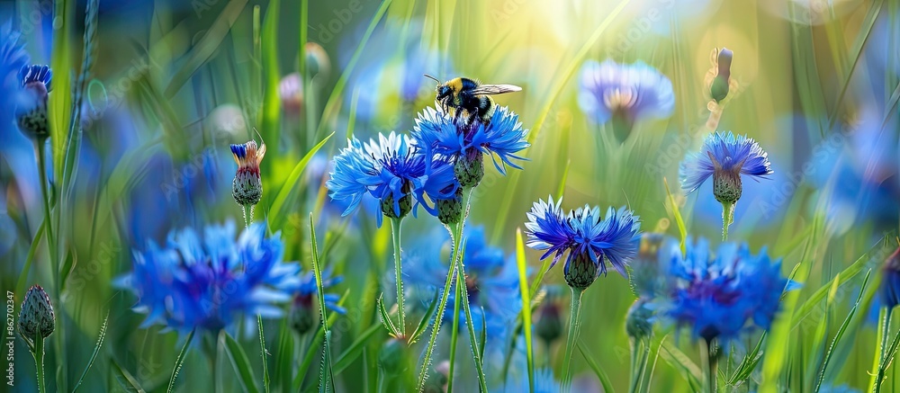 Poster a bumblebee beetle perched on a cornflower in a meadow gathers nectar. the vivid blue flowers contra