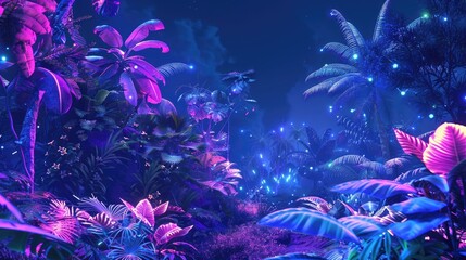 Neon jungle, exotic plants bathed in vibrant