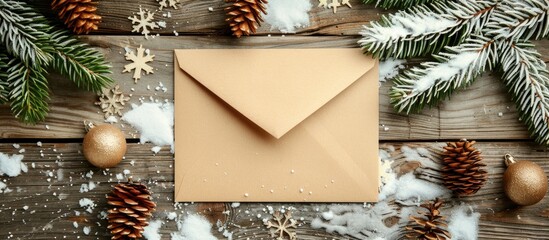 Festive Christmas greeting card and envelope on a wooden background adorned with snowy fir tree branches and New Year decorations, creating a picturesque copy space image.