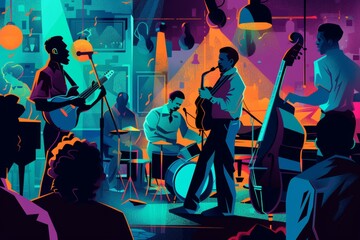 International Blues Music Day - diverse black musicians jazz band playing at jam session in cozy venue, rhythm and vibe of the blues style

