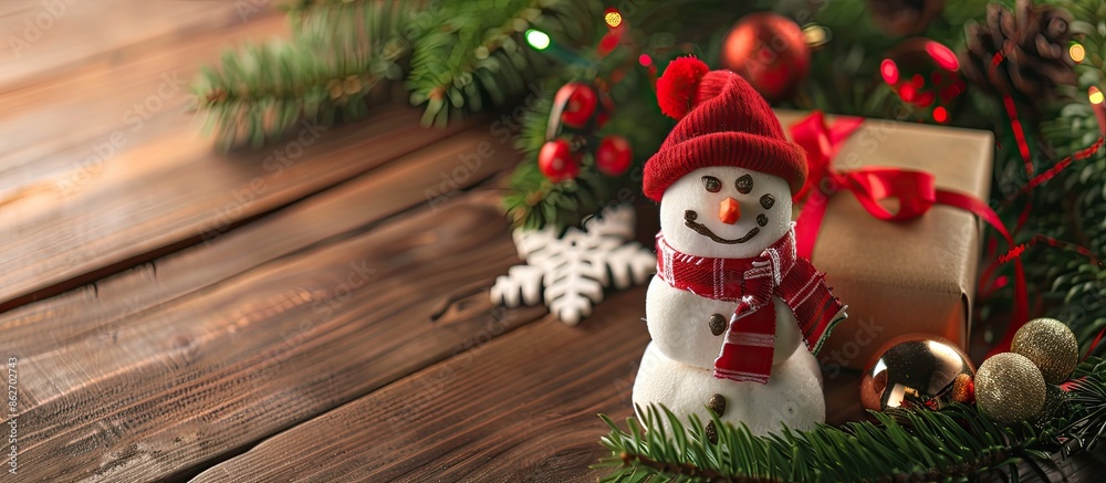 Poster festive christmas decorations with gift boxes and snowman cookie adorn the fir tree branches on a wo
