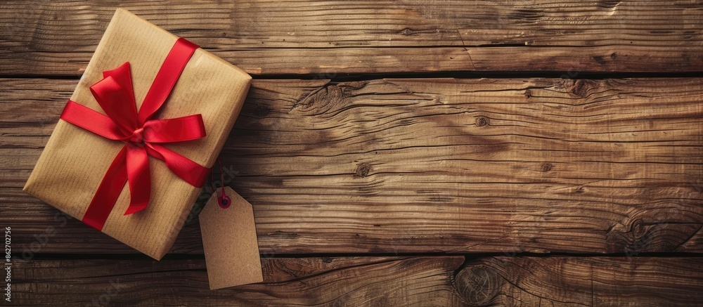 Leinwandbilder gift box in brown with a red ribbon and tag on a wooden background with ample copy space image.