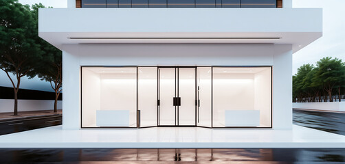 Frontal top view of the front of a modern and bright store in a shopping street of a city