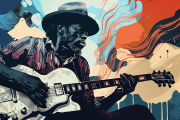 International Blues Music Day flat illustration  - diverse black musician playing at jam session in cozy venue, rhythm and vibe of the blues style
