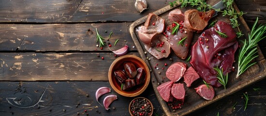 Fresh pork liver offal and meat on a rustic table, suitable for keto or paleo diets, with copy space image.
