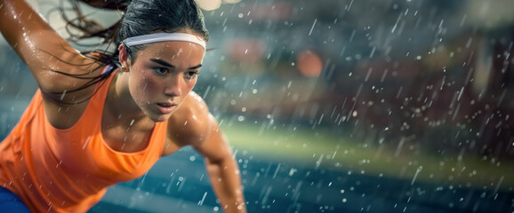 a Caucasian female athlete competing in a global event on the track, wearing specialized gear during intense race training.